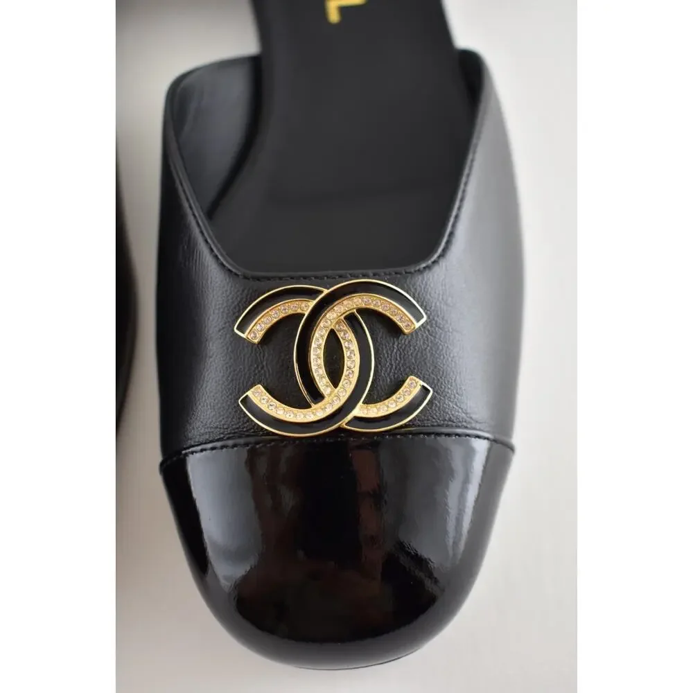 Chanel 25P Black Patent Gold CC Slingback Ankle Strap Ballerina Ballet Flat 36C